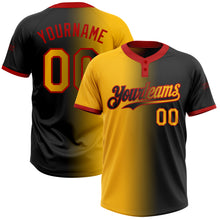 Laden Sie das Bild in den Galerie-Viewer, Custom Black Gold-Red Gradient Fashion Two-Button Unisex Softball Jersey