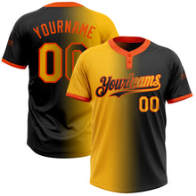 Laden Sie das Bild in den Galerie-Viewer, Custom Black Gold-Orange Gradient Fashion Two-Button Unisex Softball Jersey