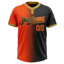 Laden Sie das Bild in den Galerie-Viewer, Custom Black Orange-Old Gold Gradient Fashion Two-Button Unisex Softball Jersey