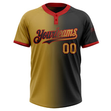 Laden Sie das Bild in den Galerie-Viewer, Custom Black Old Gold-Red Gradient Fashion Two-Button Unisex Softball Jersey