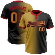 Laden Sie das Bild in den Galerie-Viewer, Custom Black Old Gold-Red Gradient Fashion Two-Button Unisex Softball Jersey