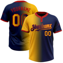 Laden Sie das Bild in den Galerie-Viewer, Custom Navy Gold-Red Gradient Fashion Two-Button Unisex Softball Jersey