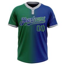 Charger l'image dans la galerie, Custom Royal Kelly Green-Gray Gradient Fashion Two-Button Unisex Softball Jersey