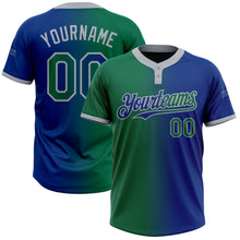 Charger l'image dans la galerie, Custom Royal Kelly Green-Gray Gradient Fashion Two-Button Unisex Softball Jersey