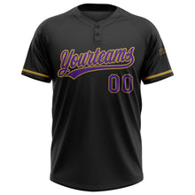 Laden Sie das Bild in den Galerie-Viewer, Custom Black Purple-Old Gold Two-Button Unisex Softball Jersey
