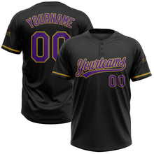 Laden Sie das Bild in den Galerie-Viewer, Custom Black Purple-Old Gold Two-Button Unisex Softball Jersey