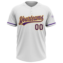 Load image into Gallery viewer, Custom White Purple-Gold Two-Button Unisex Softball Jersey