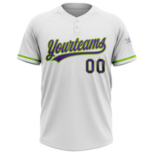 Load image into Gallery viewer, Custom White Purple-Neon Green Two-Button Unisex Softball Jersey