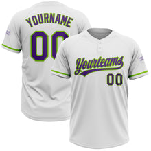 Load image into Gallery viewer, Custom White Purple-Neon Green Two-Button Unisex Softball Jersey