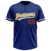 Load image into Gallery viewer, Custom Royal White Old Gold-Red Two-Button Unisex Softball Jersey
