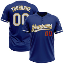 Load image into Gallery viewer, Custom Royal White Old Gold-Red Two-Button Unisex Softball Jersey