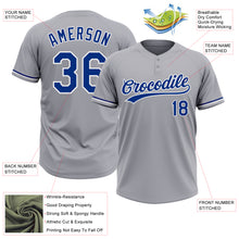 Laden Sie das Bild in den Galerie-Viewer, Custom Gray Royal-White Two-Button Unisex Softball Jersey