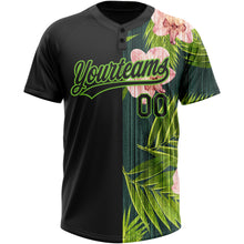 Загрузить изображение в средство просмотра галереи, Custom Black Neon Green 3D Pattern Hawaii Tropical Palm Leaves With Orchids Two-Button Unisex Softball Jersey