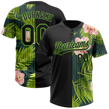 Загрузить изображение в средство просмотра галереи, Custom Black Neon Green 3D Pattern Hawaii Tropical Palm Leaves With Orchids Two-Button Unisex Softball Jersey