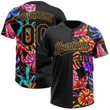 Загрузить изображение в средство просмотра галереи, Custom Black Old Gold 3D Pattern Hawaii Tropical Palm Leaves Two-Button Unisex Softball Jersey