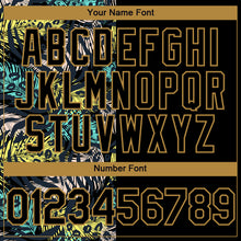 Загрузить изображение в средство просмотра галереи, Custom Black Old Gold 3D Pattern Hawaii Tropical Palm Leaves With Animal Print Two-Button Unisex Softball Jersey