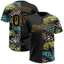 Загрузить изображение в средство просмотра галереи, Custom Black Old Gold 3D Pattern Hawaii Tropical Palm Leaves With Animal Print Two-Button Unisex Softball Jersey