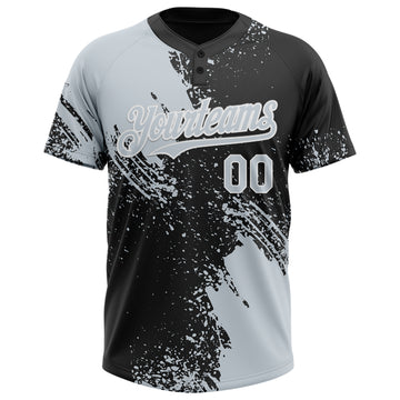 Custom Silver Black-White 3D Pattern Abstract Brush Stroke Two-Button Unisex Softball Jersey