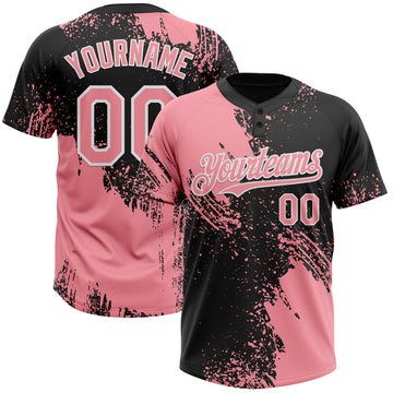 Custom Medium Pink Black-White 3D Pattern Abstract Brush Stroke Two-Button Unisex Softball Jersey