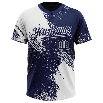Custom White Navy 3D Pattern Abstract Brush Stroke Two-Button Unisex Softball Jersey