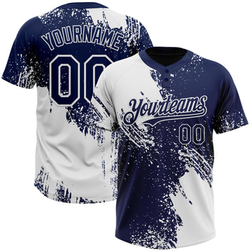 Custom White Navy 3D Pattern Abstract Brush Stroke Two-Button Unisex Softball Jersey