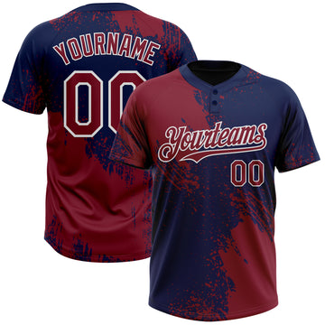 Custom Crimson Navy-White 3D Pattern Abstract Brush Stroke Two-Button Unisex Softball Jersey