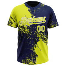 Laden Sie das Bild in den Galerie-Viewer, Custom Neon Yellow Navy-White 3D Pattern Abstract Brush Stroke Two-Button Unisex Softball Jersey