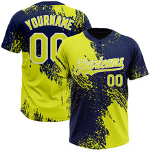 Laden Sie das Bild in den Galerie-Viewer, Custom Neon Yellow Navy-White 3D Pattern Abstract Brush Stroke Two-Button Unisex Softball Jersey