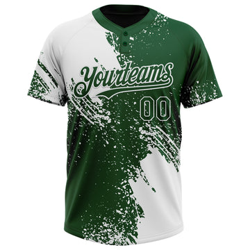 Custom White Green 3D Pattern Abstract Brush Stroke Two-Button Unisex Softball Jersey