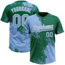 Laden Sie das Bild in den Galerie-Viewer, Custom Light Blue Kelly Green-White 3D Pattern Abstract Brush Stroke Two-Button Unisex Softball Jersey