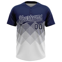 Laden Sie das Bild in den Galerie-Viewer, Custom Navy White 3D Gradient Square Shape Two-Button Unisex Softball Jersey