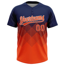 Laden Sie das Bild in den Galerie-Viewer, Custom Navy Orange-White 3D Gradient Square Shape Two-Button Unisex Softball Jersey