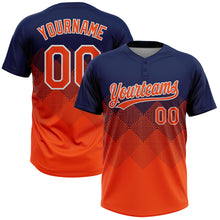 Laden Sie das Bild in den Galerie-Viewer, Custom Navy Orange-White 3D Gradient Square Shape Two-Button Unisex Softball Jersey
