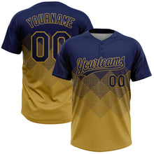 Laden Sie das Bild in den Galerie-Viewer, Custom Navy Old Gold 3D Gradient Square Shape Two-Button Unisex Softball Jersey