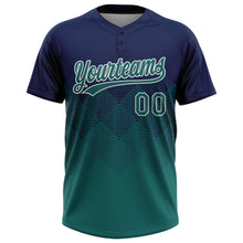 Laden Sie das Bild in den Galerie-Viewer, Custom Navy Teal-White 3D Gradient Square Shape Two-Button Unisex Softball Jersey