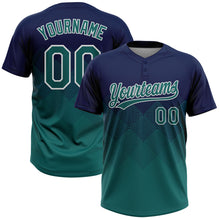 Laden Sie das Bild in den Galerie-Viewer, Custom Navy Teal-White 3D Gradient Square Shape Two-Button Unisex Softball Jersey