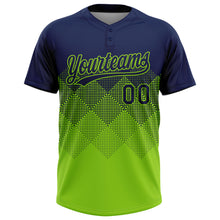 Laden Sie das Bild in den Galerie-Viewer, Custom Navy Neon Green 3D Gradient Square Shape Two-Button Unisex Softball Jersey