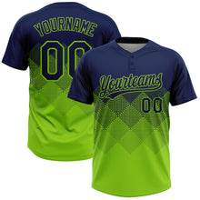 Laden Sie das Bild in den Galerie-Viewer, Custom Navy Neon Green 3D Gradient Square Shape Two-Button Unisex Softball Jersey