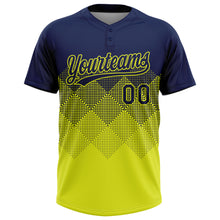 Laden Sie das Bild in den Galerie-Viewer, Custom Navy Neon Yellow 3D Gradient Square Shape Two-Button Unisex Softball Jersey