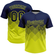 Laden Sie das Bild in den Galerie-Viewer, Custom Navy Neon Yellow 3D Gradient Square Shape Two-Button Unisex Softball Jersey