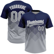Laden Sie das Bild in den Galerie-Viewer, Custom Navy Gray-White 3D Gradient Square Shape Two-Button Unisex Softball Jersey