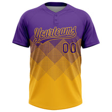 Laden Sie das Bild in den Galerie-Viewer, Custom Purple Gold 3D Gradient Square Shape Two-Button Unisex Softball Jersey