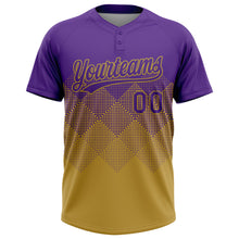 Laden Sie das Bild in den Galerie-Viewer, Custom Purple Old Gold 3D Gradient Square Shape Two-Button Unisex Softball Jersey