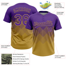 Laden Sie das Bild in den Galerie-Viewer, Custom Purple Old Gold 3D Gradient Square Shape Two-Button Unisex Softball Jersey