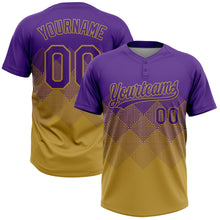 Laden Sie das Bild in den Galerie-Viewer, Custom Purple Old Gold 3D Gradient Square Shape Two-Button Unisex Softball Jersey
