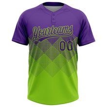 Laden Sie das Bild in den Galerie-Viewer, Custom Purple Neon Green 3D Gradient Square Shape Two-Button Unisex Softball Jersey