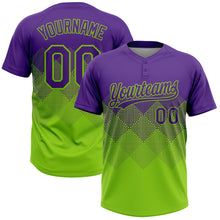Laden Sie das Bild in den Galerie-Viewer, Custom Purple Neon Green 3D Gradient Square Shape Two-Button Unisex Softball Jersey