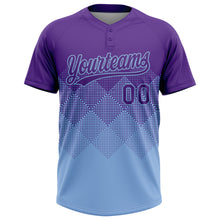 Laden Sie das Bild in den Galerie-Viewer, Custom Purple Light Blue 3D Gradient Square Shape Two-Button Unisex Softball Jersey