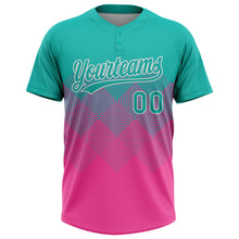 Laden Sie das Bild in den Galerie-Viewer, Custom Aqua Pink-White 3D Gradient Square Shape Two-Button Unisex Softball Jersey