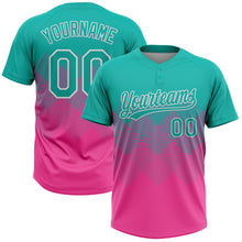 Laden Sie das Bild in den Galerie-Viewer, Custom Aqua Pink-White 3D Gradient Square Shape Two-Button Unisex Softball Jersey